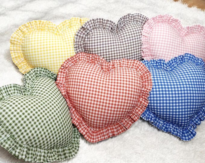 Bohemian Frill Linen Gingham Pillow Cover - Gingham Heart Pillow - Heart Pillow - Color Options With Frill Edges - Gingham Pillow