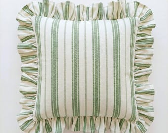 Bohemian Striped Linen Pillow with Ruffles - Striped Farmhouse Cushion - Cottagecore Decor