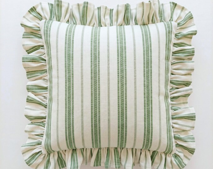 Bohemian Striped Linen Pillow with Ruffles - Striped Farmhouse Cushion - Cottagecore Decor