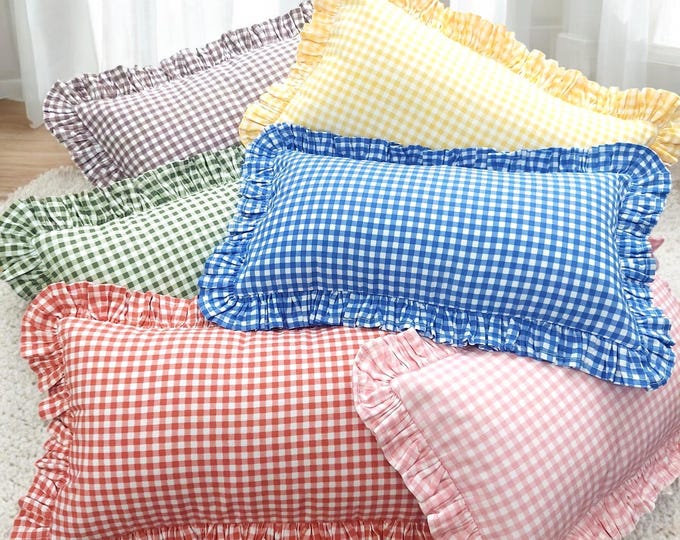 Bohemian Frill Linen Gingham Pillow Cover - Gingham Pillow - Pillow - Color Options With Frill Edges - Hello Mello Store