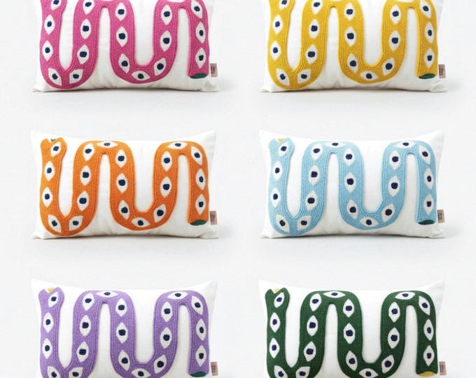Handmade Snake Pillow Cover - Punch Embroidered Boho Cushion - Colorful Decorative Throw Pillow
