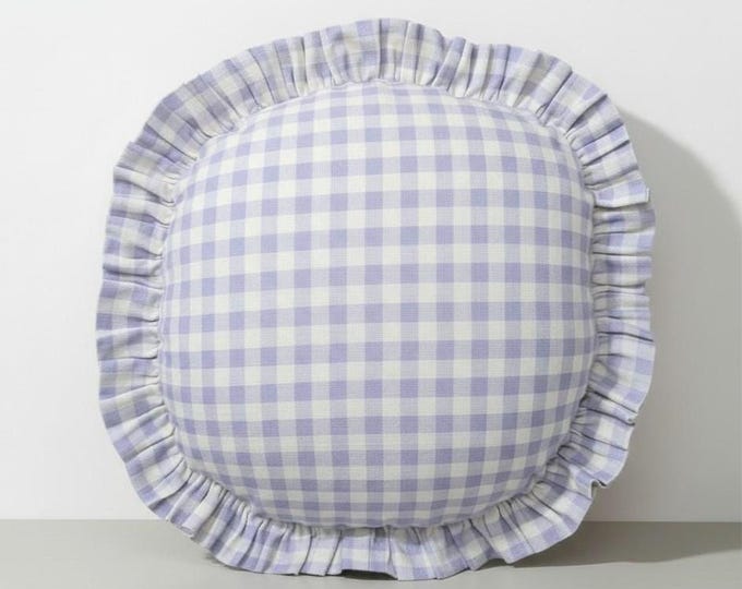 Gingham Round Ruffle Pillow - Plaid Chair Pad - Cottage Style Seat Cushion