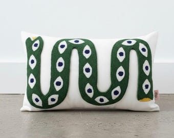 Handmade Snake Pillow Cover - Punch Embroidered Boho Cushion - Colorful Decorative Throw Pillow