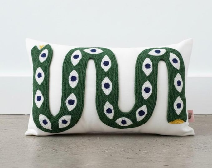 Handmade Snake Pillow Cover - Punch Embroidered Boho Cushion - Colorful Decorative Throw Pillow