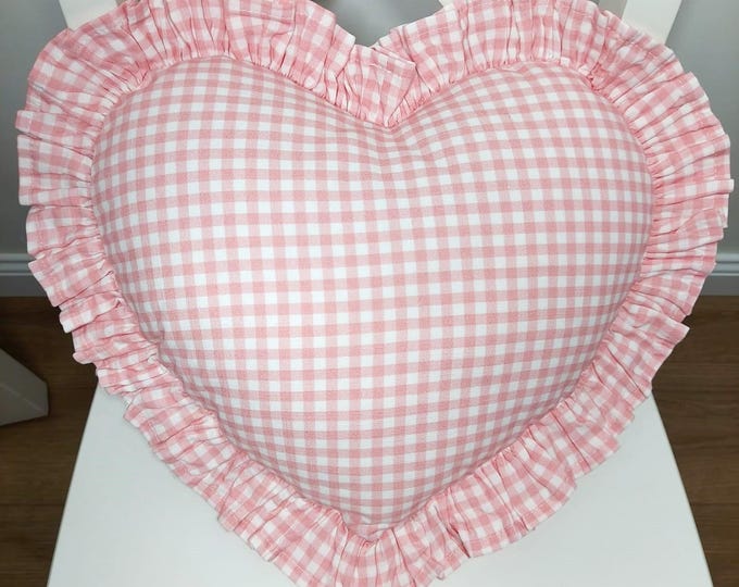 Bohemian Frill Linen Gingham Pillow Cover - Gingham Heart Pillow - Heart Pillow - Color Options With Frill Edges - Gingham Pillow