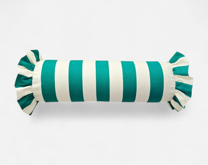 Striped Bolster Pillow Cover with Ruffles - Colorful Handmade Decorative Cushion - Candy Style Decor