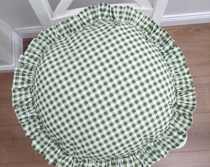 Bohemian Frill Linen Gingham Pillow Cover - Circle Pillow - Different Color Options With Frill Edges - Hello Mello Store
