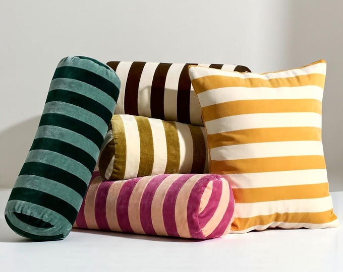 Handmade Striped Velvet Bolster Pillow – Modern Boho Home Decor