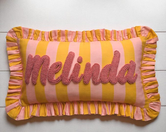 Personalised Ruffled Cushion -Handmade Punch Needle Decor | Boho Nursery Kids Children Room Styling | Custom Gift Baby Shower  Ruffle Pillow