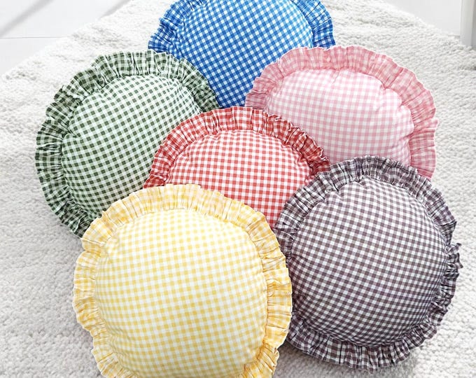 Bohemian Frill Linen Gingham Pillow Cover - Circle Pillow - Different Color Options With Frill Edges - Hello Mello Store