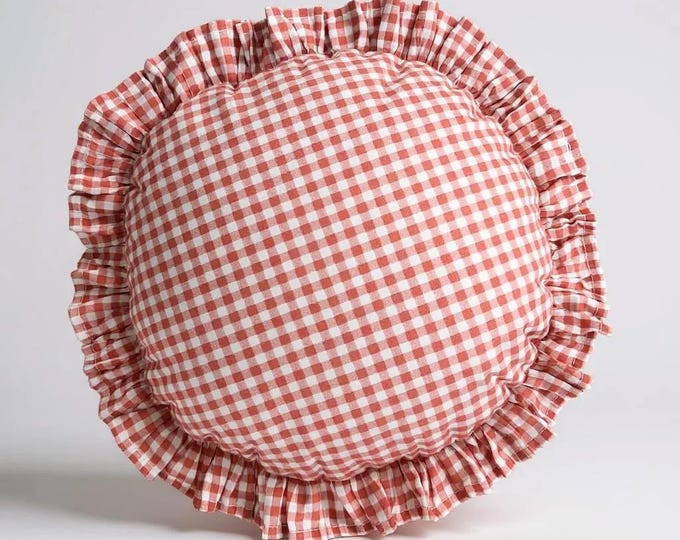 Frill Linen Gingham Pillow Cover - Circle Pillow - Different Color Options With Frill Edges - Hello Mello Store