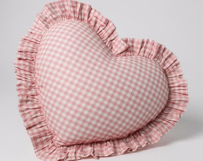 Frill Linen Gingham Heart Pillow Cover - Gingham Heart Pillow - Heart Pillow - Color Options With Frill Edges - Gingham Pillow