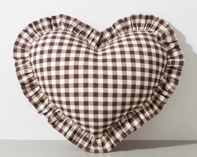 Ruffled Linen Gingham Heart Pillow Cover - Heart Cushion - Bohemian Home Decor