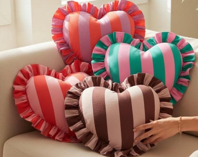 Colorful Ruffle Heart Pillow – Handmade Linen Striped Cushion