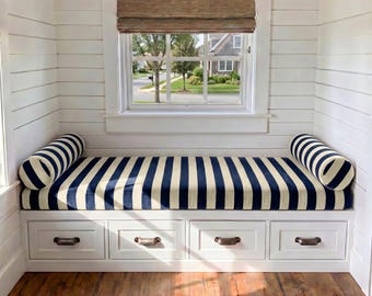 Custom Striped Velvet Bench Cushion – Coastal Window Seat Pad – 3" Thick Reading Nook Cushion