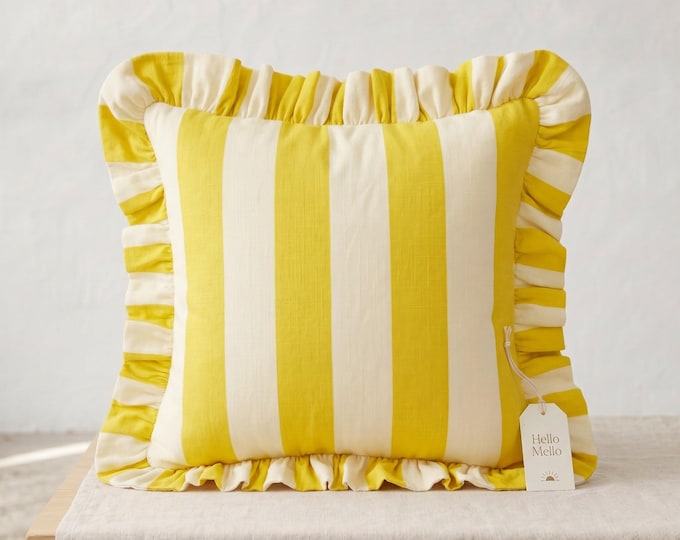Ruffled Linen Pillow - Striped Cottagecore Decor - Coastal Style Cushion - Farmhouse Decor