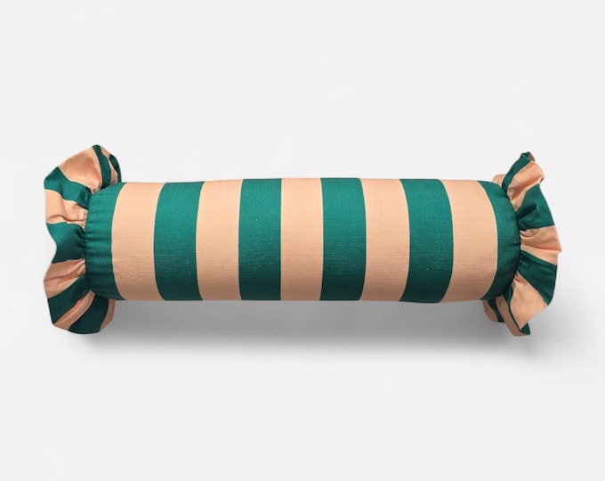 Striped Bolster Pillow Cover with Ruffles - Colorful Handmade Decorative Cushion - Candy Style Decor