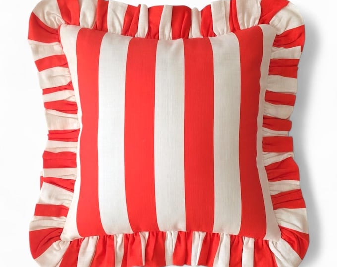 Bohemian Striped Linen Pillow with Ruffles - Ruffled Cushion - Modern and Farmhouse Chic Decor