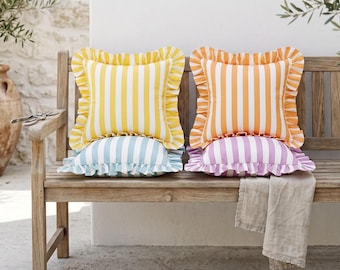 Kissen für den Außenbereich - Wasserabweisendes Cottagecore-Dekor - Pastellstreifen-Rüschenkissen - Sitzkissen am Pool