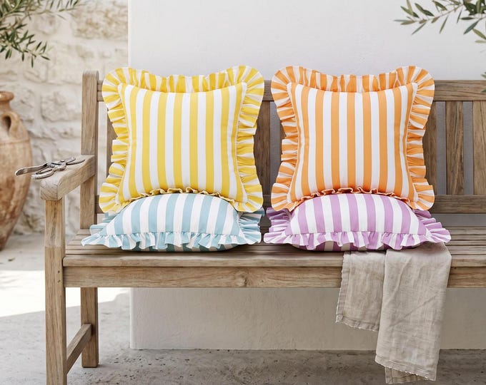 Outdoor Pillow Cover - Pastel Striped Ruffle Cushion - Water Repellent Patio Decor - Cottagecore Porch Accent - Poolside Seating Pillow