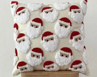Festive Christmas Santa Faces Punch Embroidered Cushion Cover with Velvet Beards - Noel Home Decor - Punch Needle Noel Gift - Noel Pillow
