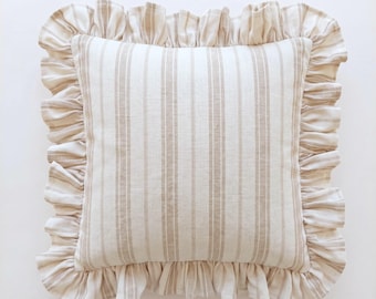 Bohemian Striped Linen Pillow with Ruffles - Striped Farmhouse Cushion - Cottagecore Decor