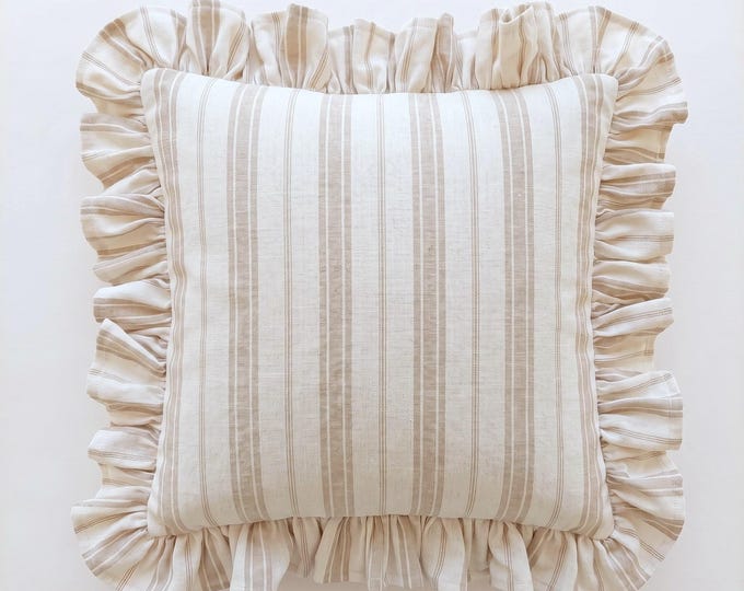 Bohemian Striped Linen Pillow with Ruffles - Striped Farmhouse Cushion - Cottagecore Decor