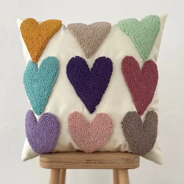 Handmade Pillow Cover - Heart Embroidered Pillow Cover - Handmade Punch Needle - Water and Stain Resistant Fabric " Multiple Color Options"