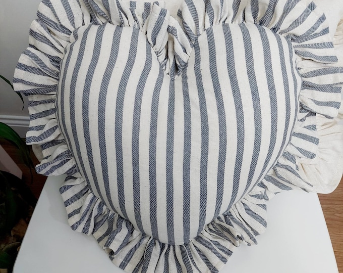 Bohemian Frill Linen Striped Pillow Cover - Striped Heart Pillow - Heart Pillow - Color Options With Frill Edges - Hello Mello Store