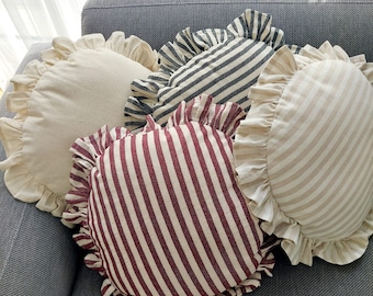 Bohemian Linen Striped Circle Pillow Cover with Frill Edge