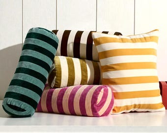 Handmade Striped Velvet Bolster Pillow – Colorful Cylinder Cushion