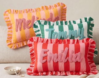 Personalized Embroidered Name Pillow - Custom Name Cushion - Handmade Ruffle Pillow - Nursery Decor - Baby Shower Gift - Kids Room Decor