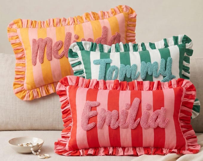 Personalized Embroidered Name Pillow – Ruffle Linen Nursery Decor