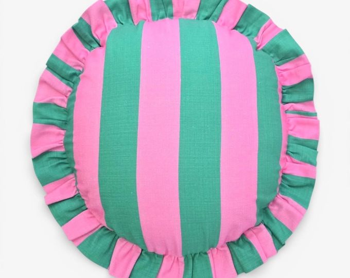 Handmade Round Ruffled Linen Pillow – Circle Cushion - Striped Boho Accent Cushion