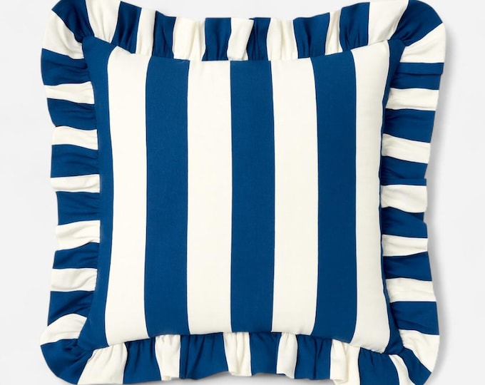 Bohemian Striped Linen Pillow with Ruffles - Ruffled Cushion - Modern and Farmhouse Chic Decor