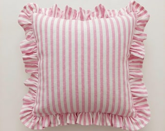 Bohemian Striped Linen Pillow with Ruffles - Striped Farmhouse Cushion - Cottagecore Decor