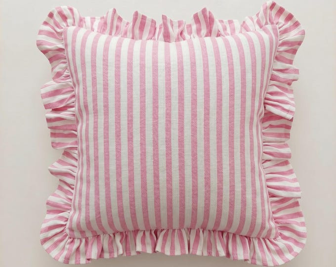 Bohemian Striped Linen Pillow with Ruffles - Striped Farmhouse Cushion - Cottagecore Decor