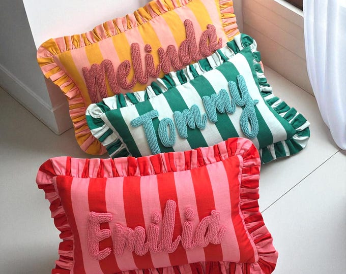 Personalised Ruffled Cushion -Handmade Punch Needle Decor | Boho Nursery Kids Children Room Styling | Custom Gift Baby Shower  Ruffle Pillow