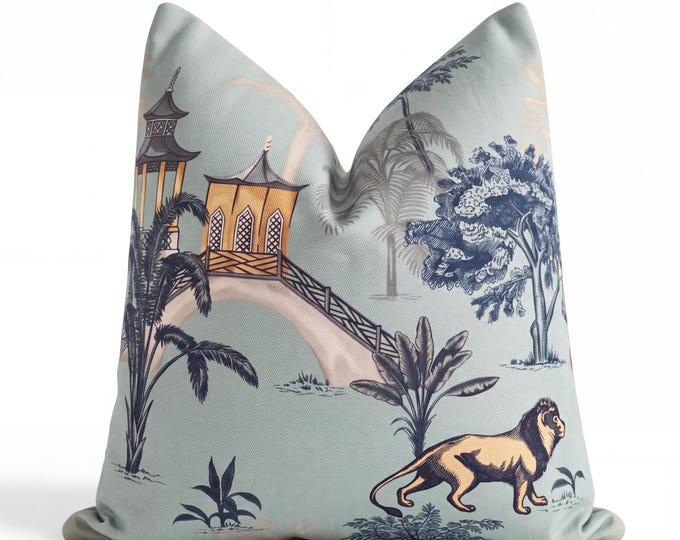 Chinoiserie Pagoda Pillow – Asian Botanical Crane Decor