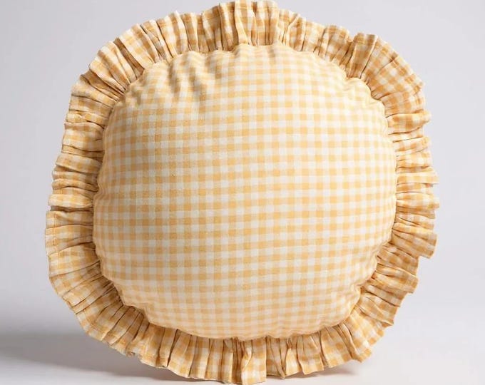Frill Linen Gingham Pillow Cover - Circle Pillow - Different Color Options With Frill Edges - Hello Mello Store