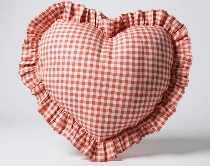 Frill Linen Gingham Heart Pillow Cover - Gingham Heart Pillow - Heart Pillow - Color Options With Frill Edges - Gingham Pillow