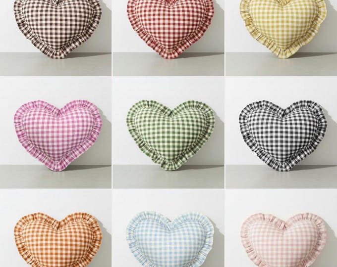 Ruffled Linen Gingham Heart Pillow Cover - Heart Cushion - Bohemian Home Decor