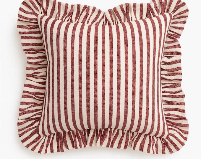 Striped Ruffled Linen Cotton Pillow Cover – Handmade Modern Cushion