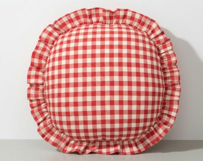Gingham Round Ruffle Pillow - Plaid Chair Pad - Cottage Style Seat Cushion