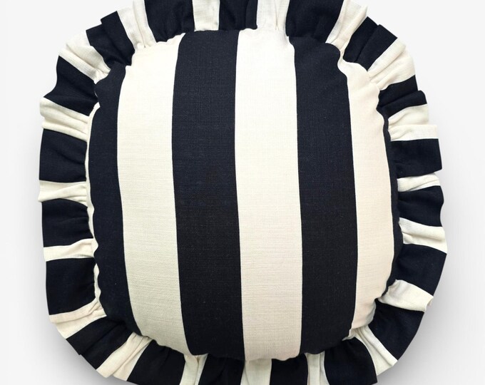 Handmade Round Ruffled Linen Pillow – Circle Cushion - Striped Boho Accent Cushion