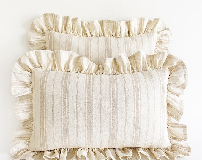 Handmade Striped Cotton Pillow Cover – Ruffled Throw Cushion