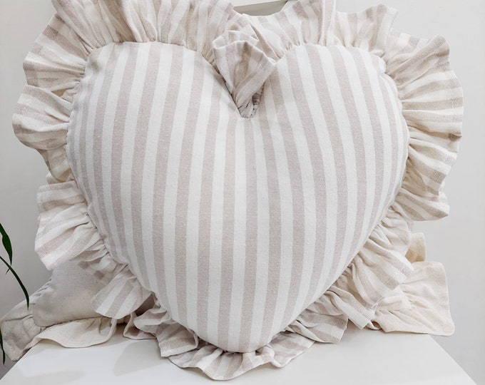Bohemian Frill Linen Striped Pillow Cover - Striped Heart Pillow - Heart Pillow - Color Options With Frill Edges - Hello Mello Store