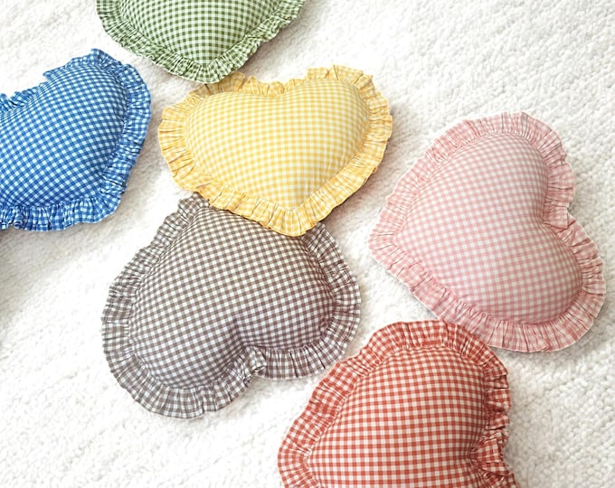 Bohemian Frill Linen Gingham Pillow Cover - Gingham Heart Pillow - Heart Pillow - Color Options With Frill Edges - Gingham Pillow