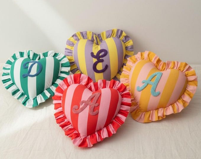 Custom Ruffle Heart Cushion – Personalized Heart Pillow with Initial
