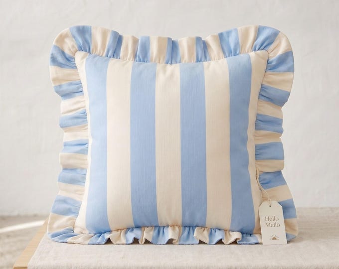 Ruffled Linen Pillow - Striped Cottagecore Decor - Coastal Style Cushion - Farmhouse Decor